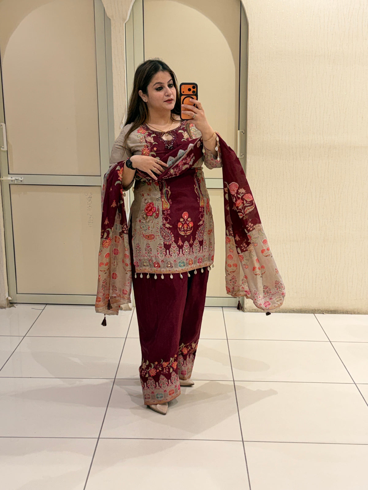 Maroon Crepe Embroidered Suit (M–XXL)