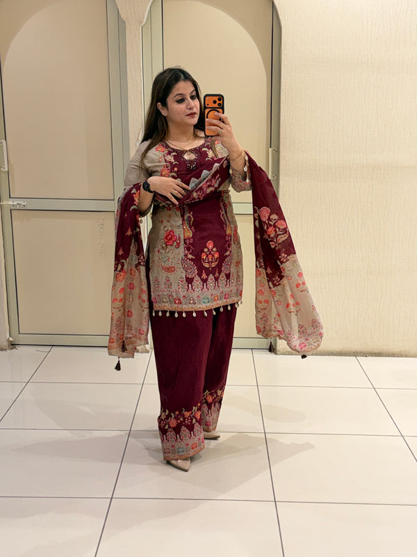 Maroon Crepe Embroidered Suit (M–XXL)