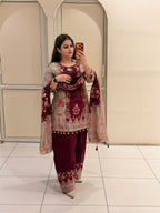 Maroon Crepe Embroidered Suit (M–XXL)