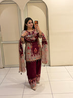 Maroon Crepe Embroidered Suit (M–XXL)