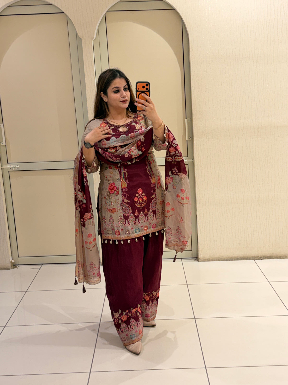 Maroon Crepe Embroidered Suit (M–XXL)