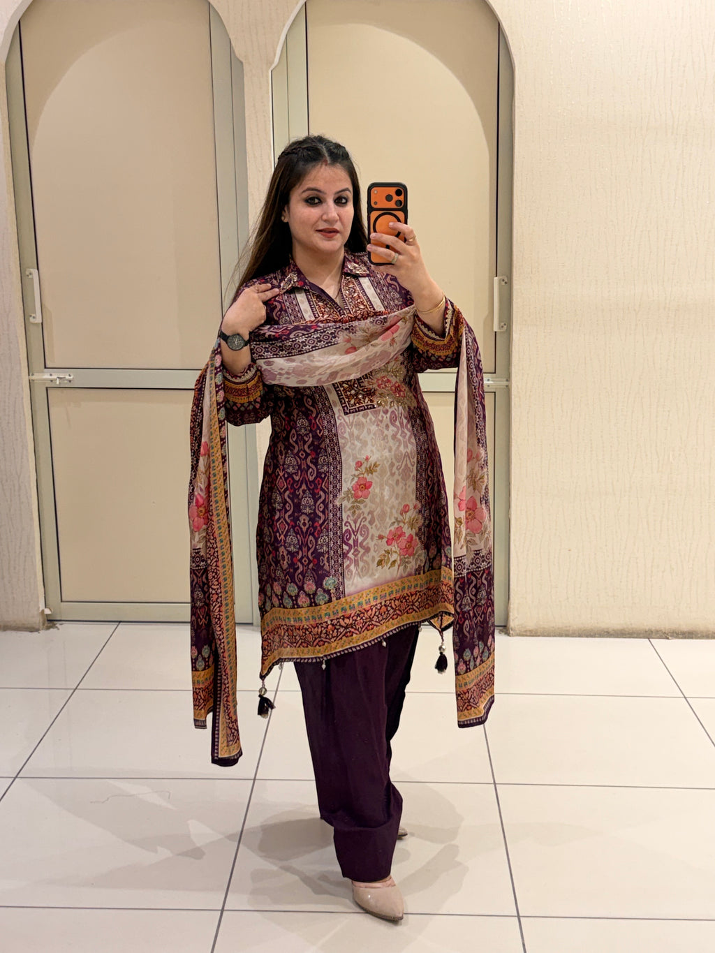 Maroon & Cream Crepe Farsi Printed Suit (L–XXL)