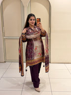 Maroon & Cream Crepe Farsi Printed Suit (L–XXL)