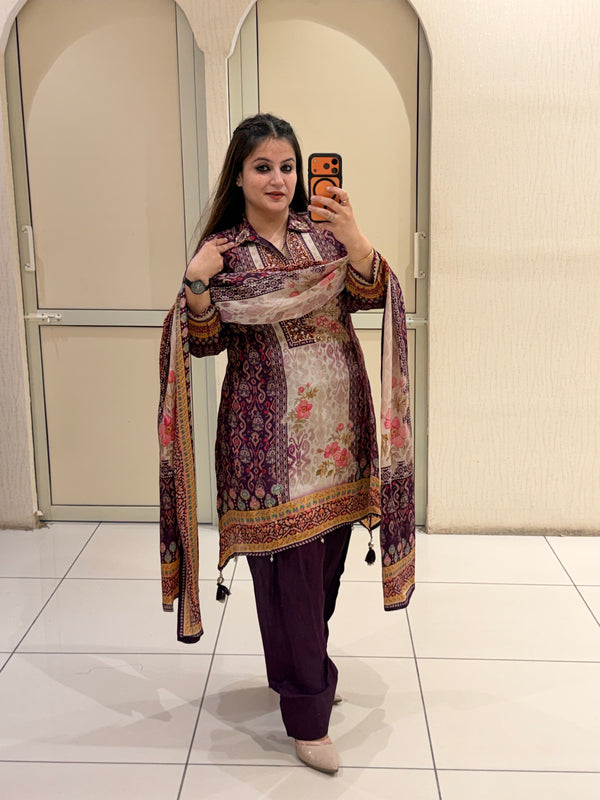 Maroon & Cream Crepe Farsi Printed Suit (L–XXL)