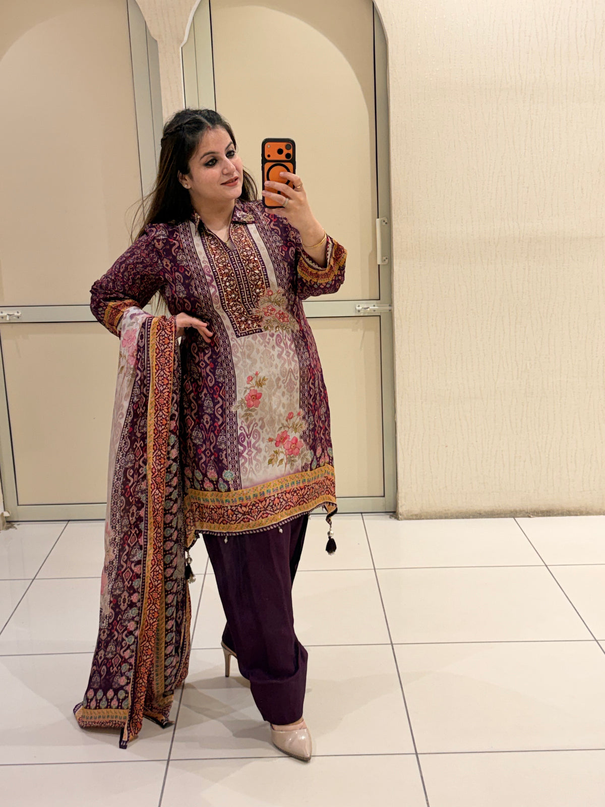 Maroon & Cream Crepe Farsi Printed Suit (L–XXL)