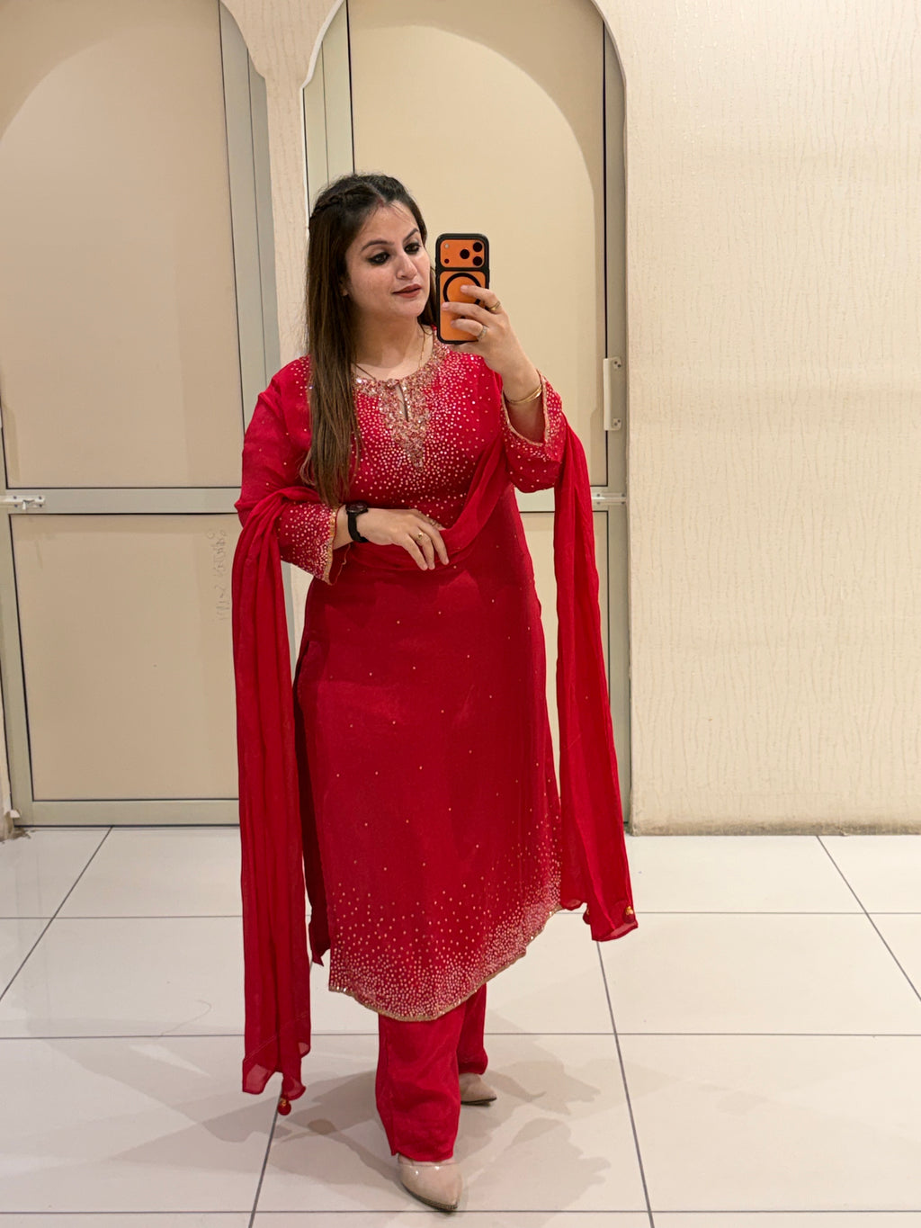 Red Chinon Embellished Suit (L–XXL)