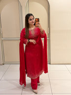 Red Chinon Embellished Suit (L–XXL)