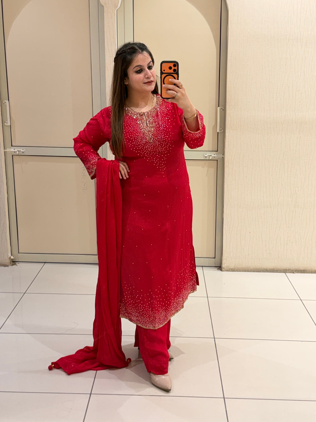 Red Chinon Embellished Suit (L–XXL)