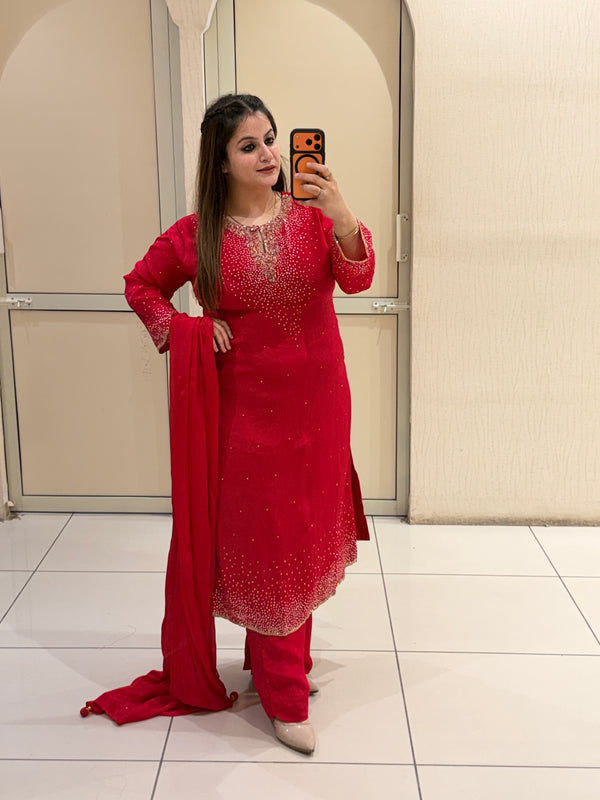 Red Chinon Embellished Suit (L–XXL)