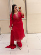 Red Chinon Embellished Suit (L–XXL)