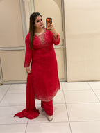 Red Chinon Embellished Suit (L–XXL)