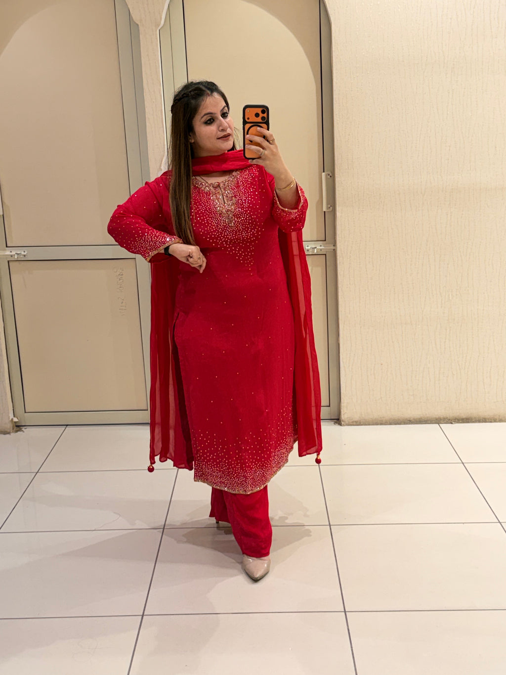 Red Chinon Embellished Suit (L–XXL)
