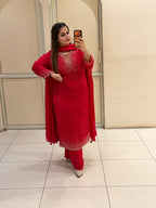 Red Chinon Embellished Suit (L–XXL)