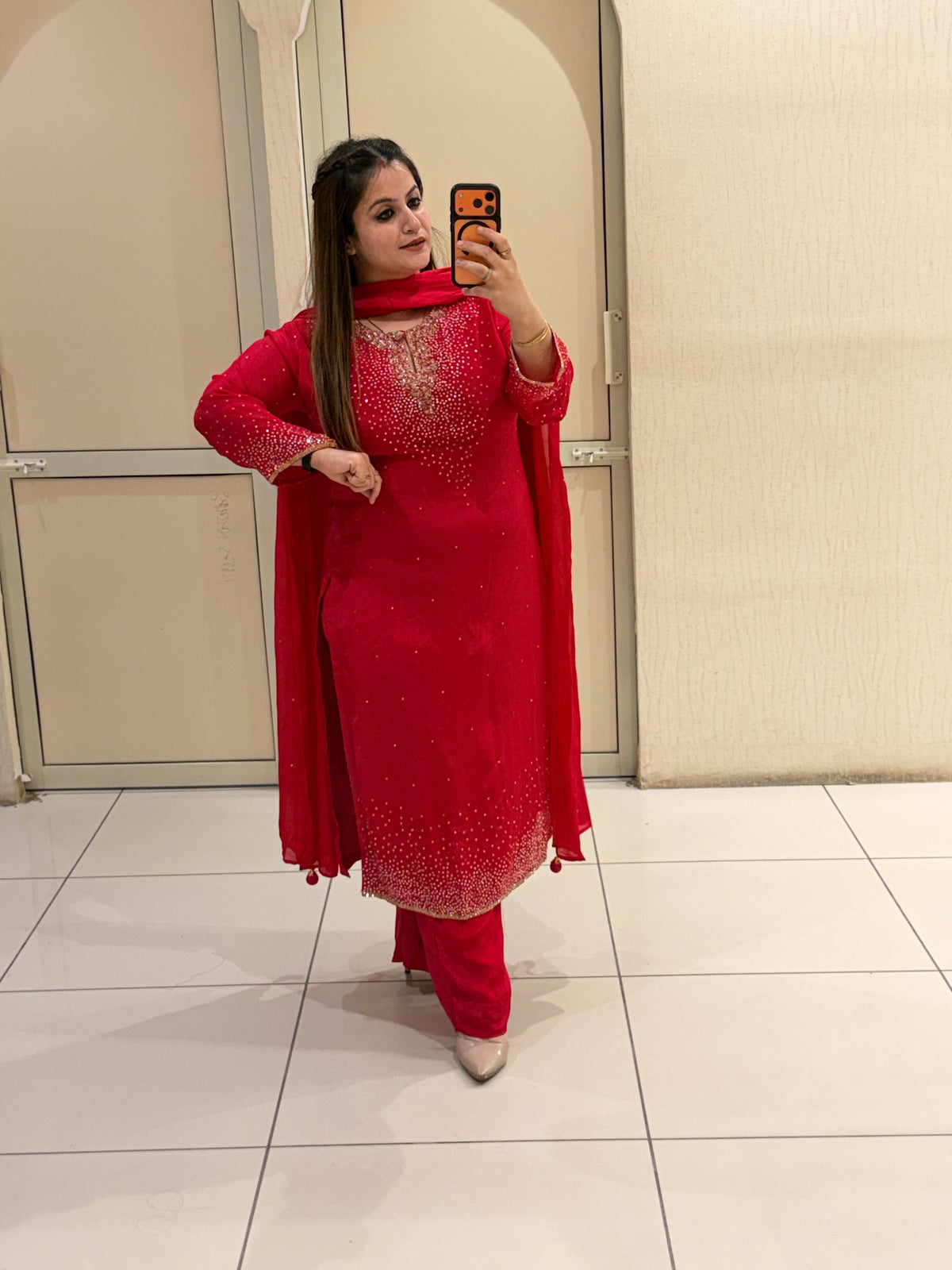 Red Chinon Embellished Suit (L–XXL)