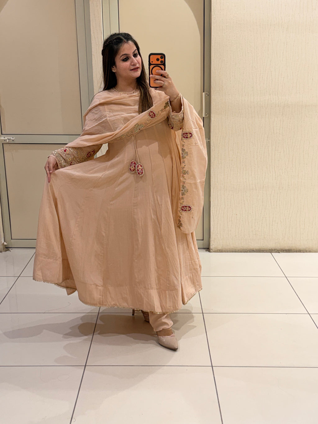 Exclusive Peach Mul Embroidered Suit (M–XXL)