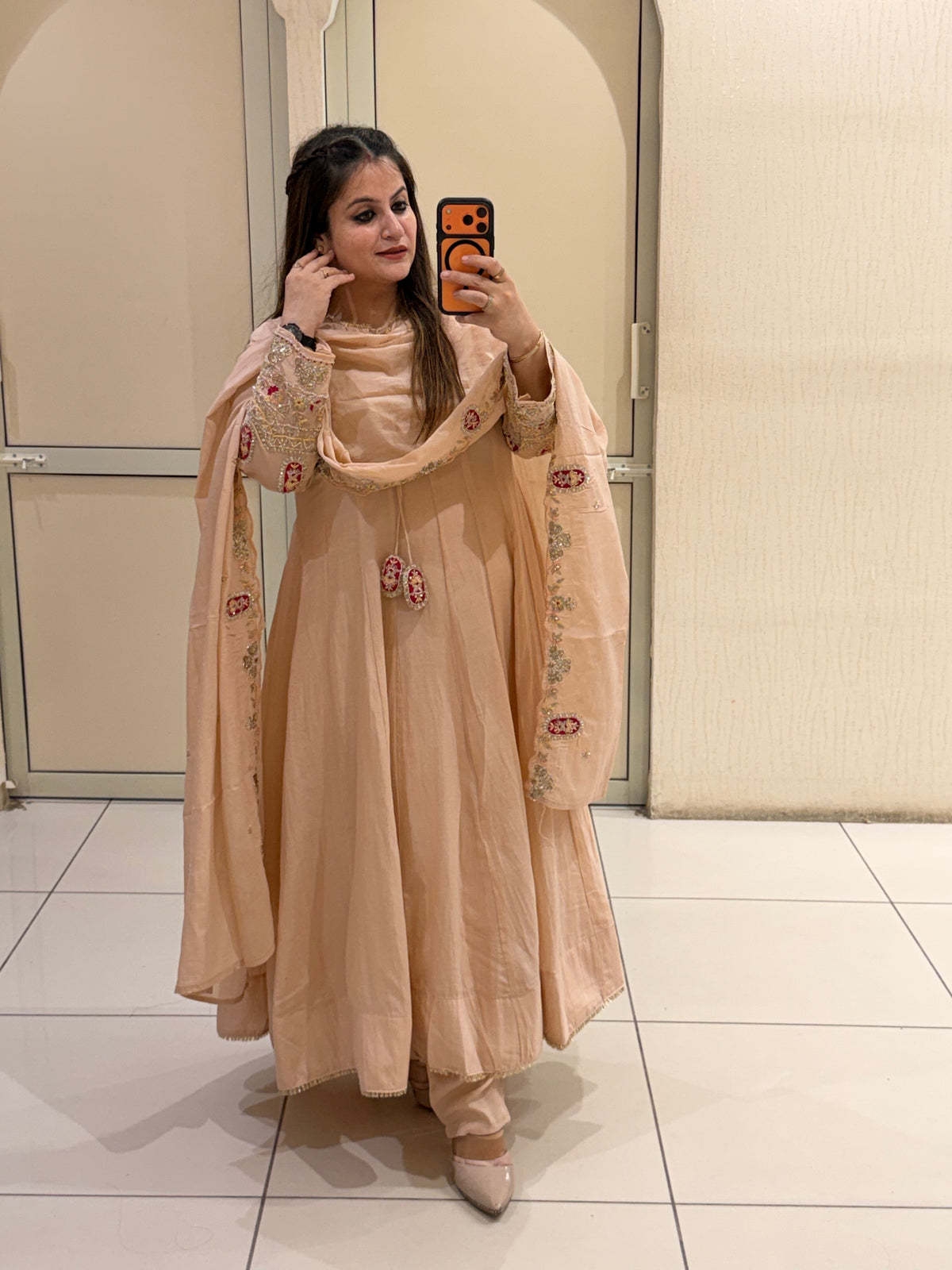 Exclusive Peach Mul Embroidered Suit (M–XXL)
