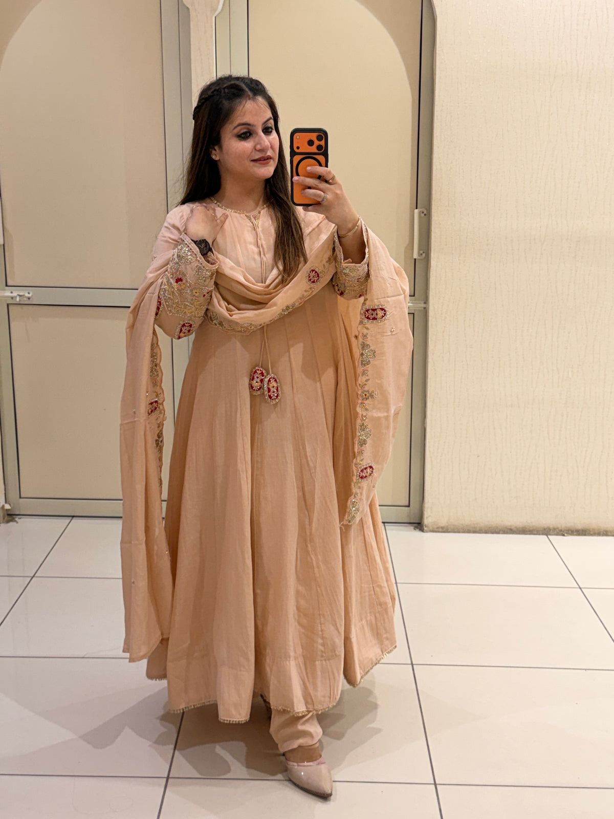 Exclusive Peach Mul Embroidered Suit (M–XXL)