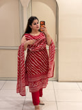 Red & White Chinon Printed Suit (M–XXL)