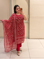 Red & White Chinon Printed Suit (M–XXL)