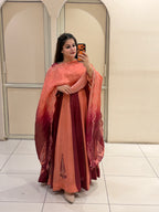 Peach & Maroon Embroidered Gown Suit (M–XXL)