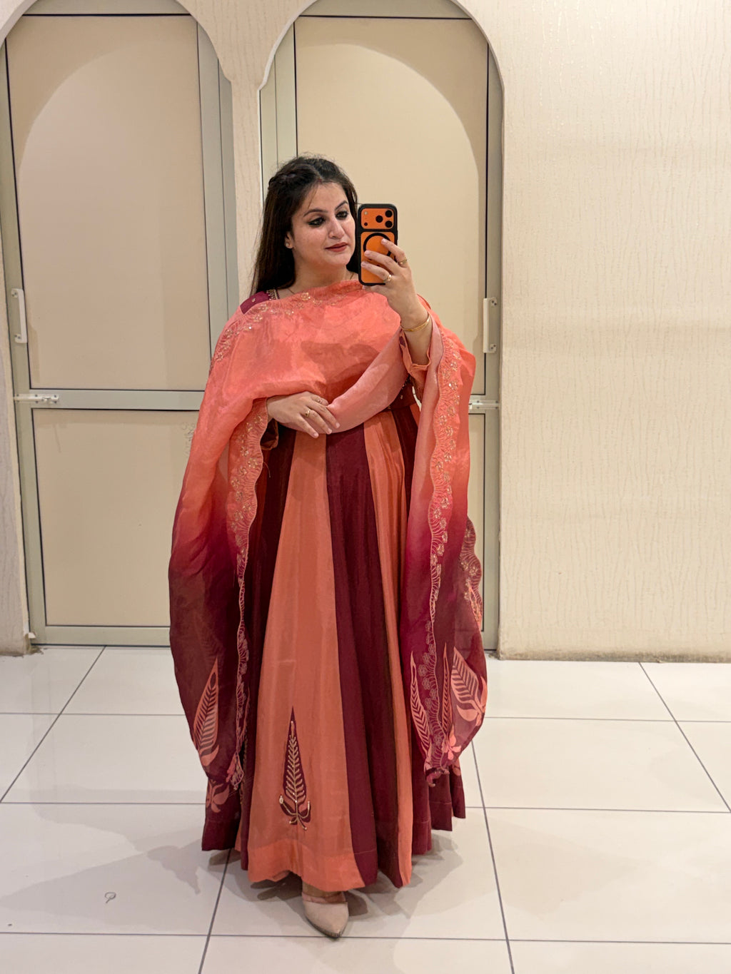 Peach & Maroon Embroidered Gown Suit (M–XXL)