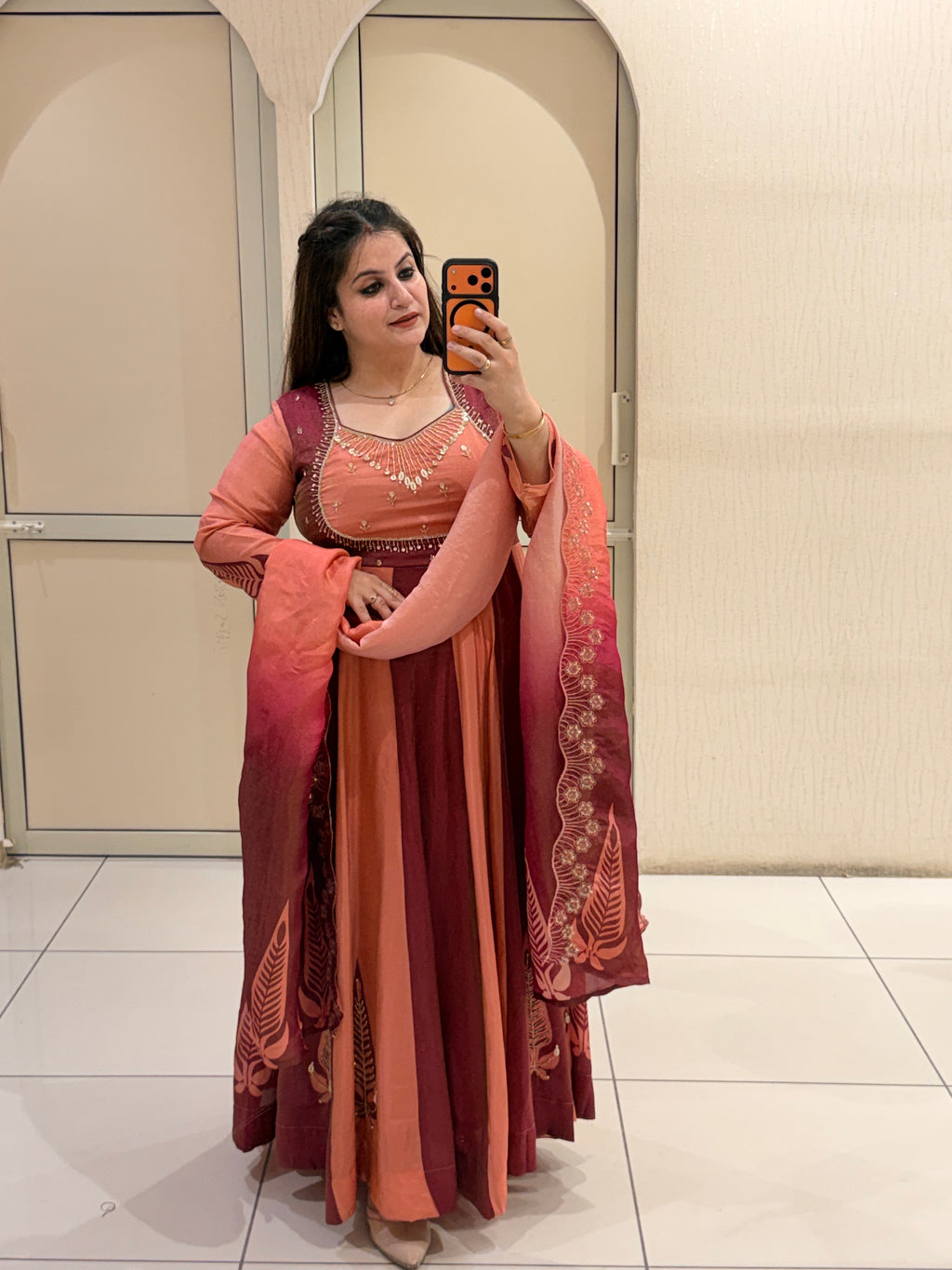 Peach & Maroon Embroidered Gown Suit (M–XXL)