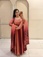 Peach & Maroon Embroidered Gown Suit (M–XXL)
