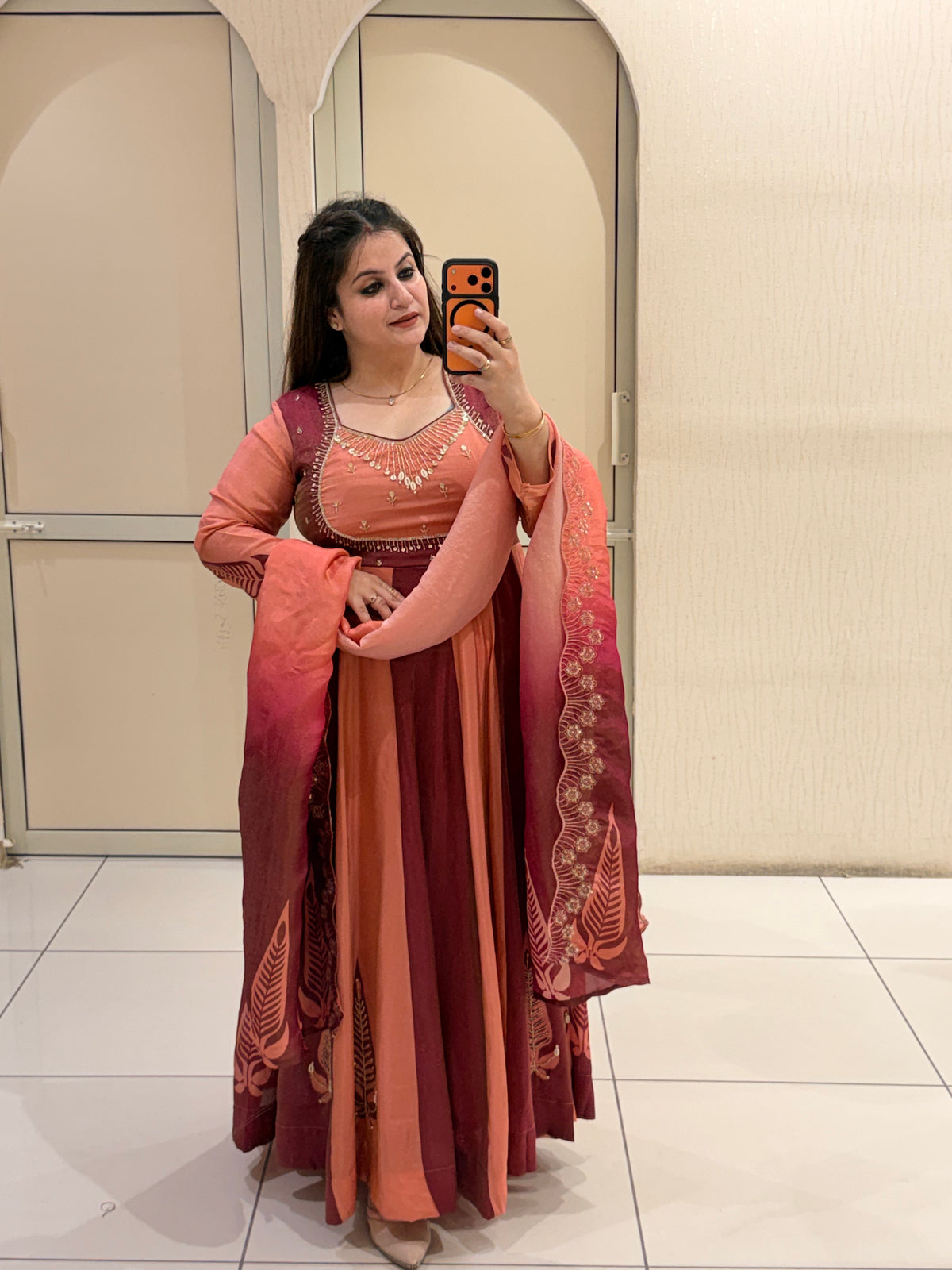 Peach & Maroon Embroidered Gown Suit (M–XXL)