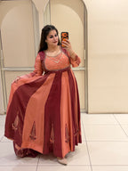 Peach & Maroon Embroidered Gown Suit (M–XXL)