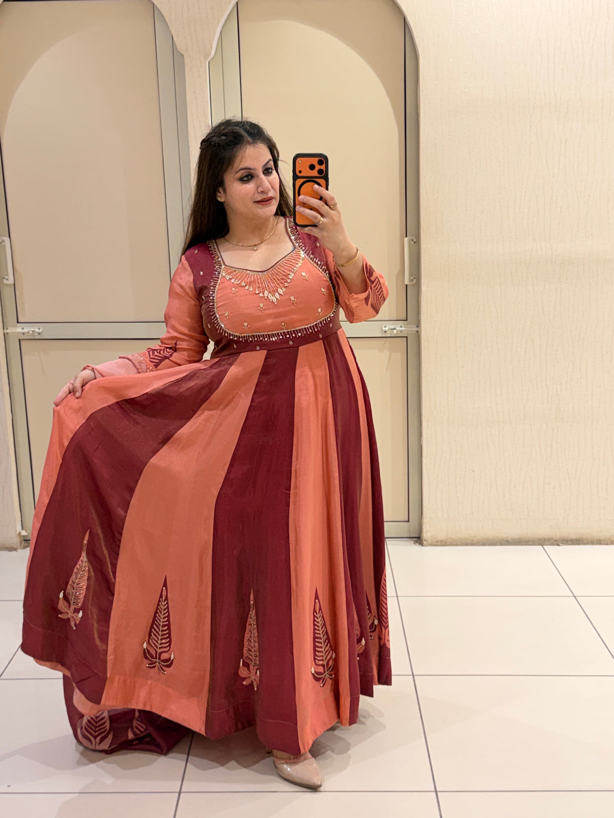 Peach & Maroon Embroidered Gown Suit (M–XXL)