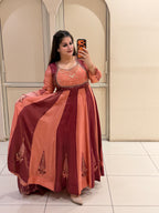 Peach & Maroon Embroidered Gown Suit (M–XXL)