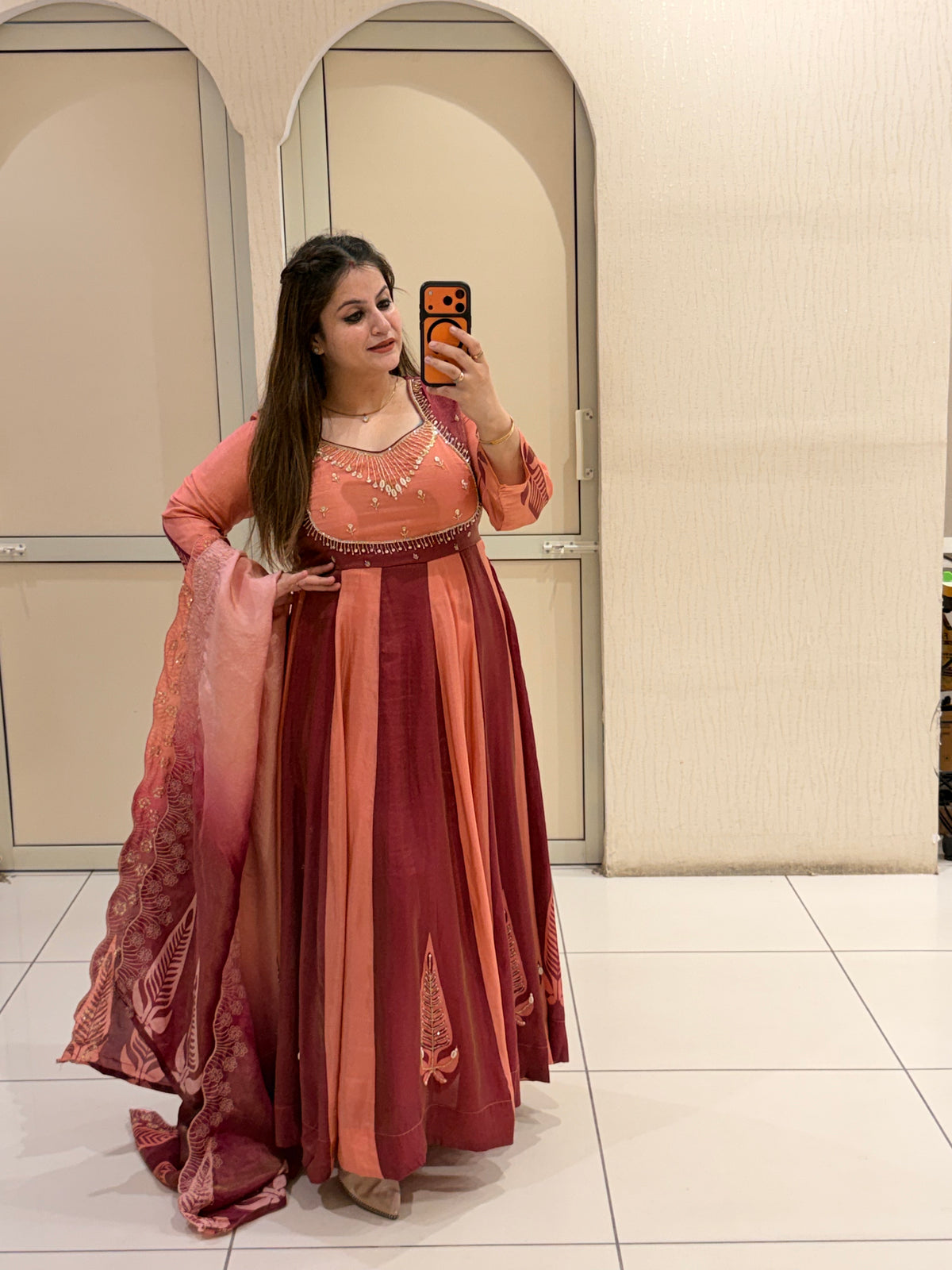 Peach & Maroon Embroidered Gown Suit (M–XXL)