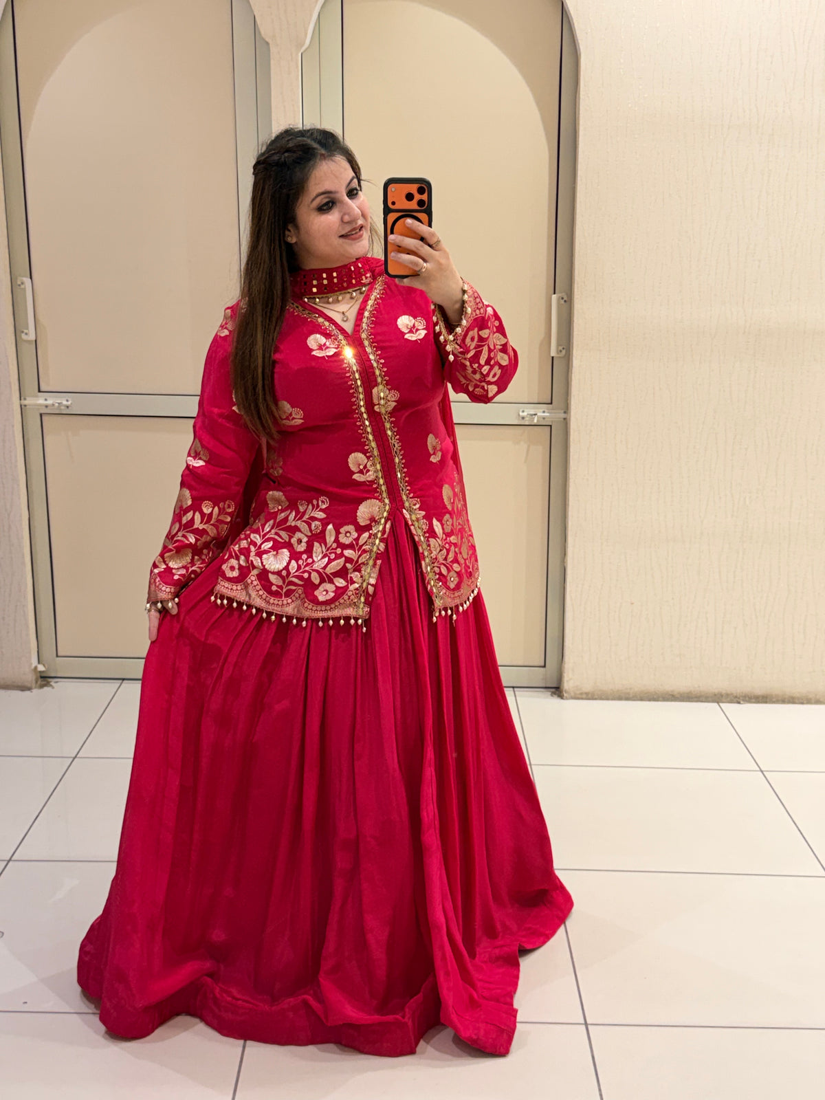 Red Crepe Embroidered Suit (M–XXL)