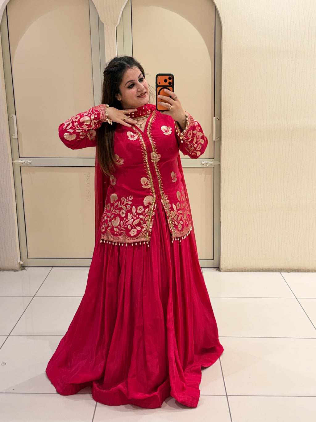 Red Crepe Embroidered Suit (M–XXL)
