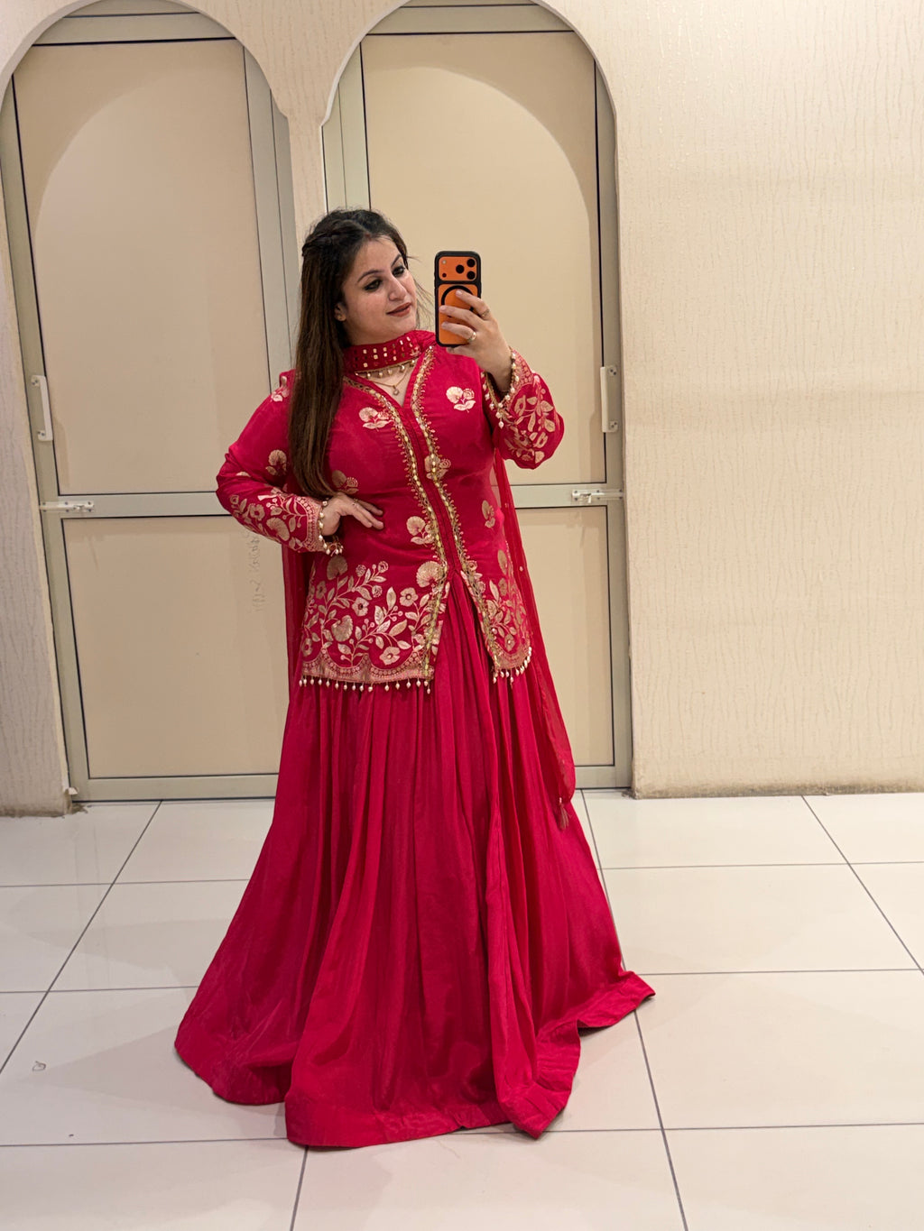 Red Crepe Embroidered Suit (M–XXL)