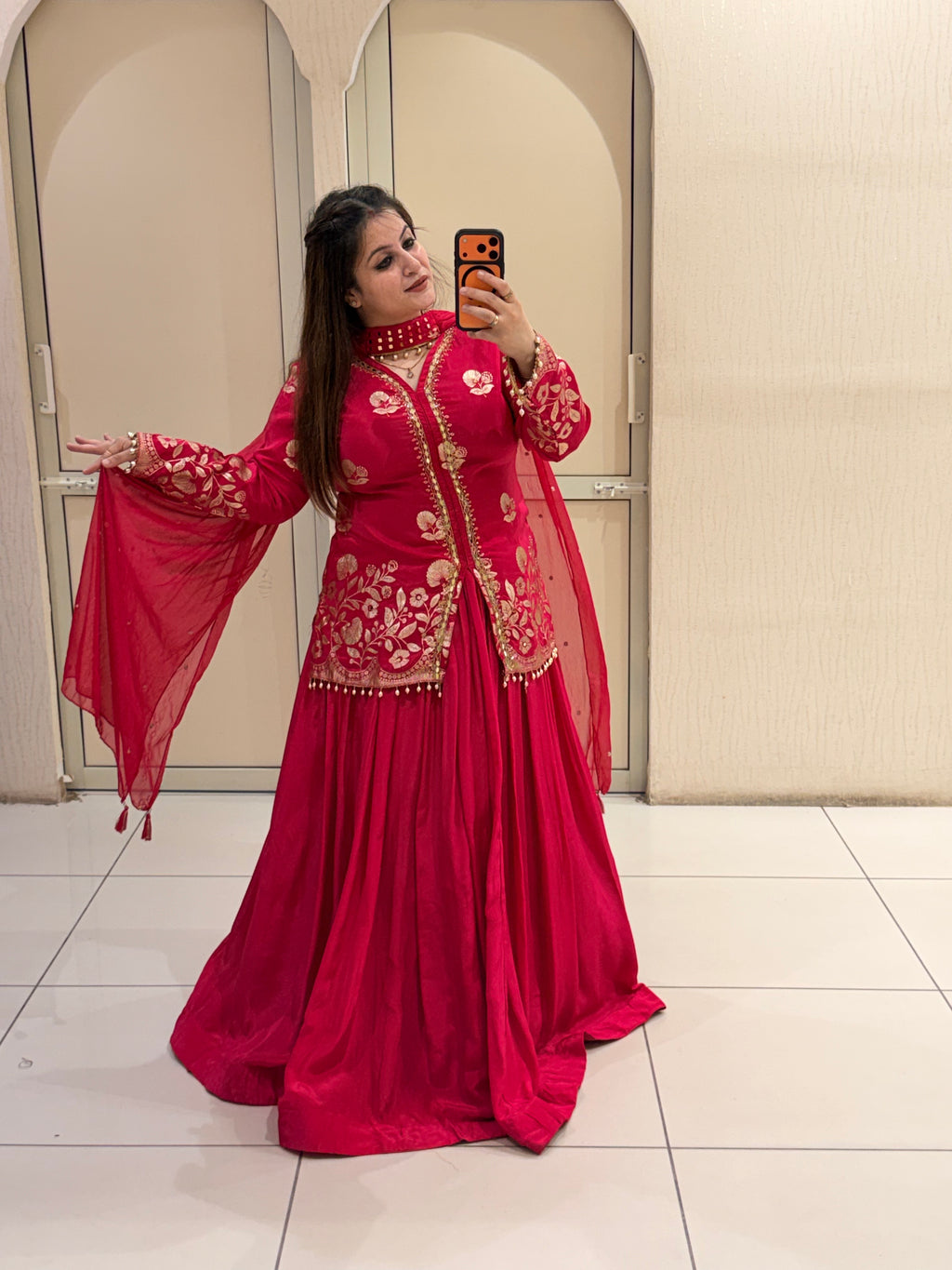 Red Crepe Embroidered Suit (M–XXL)
