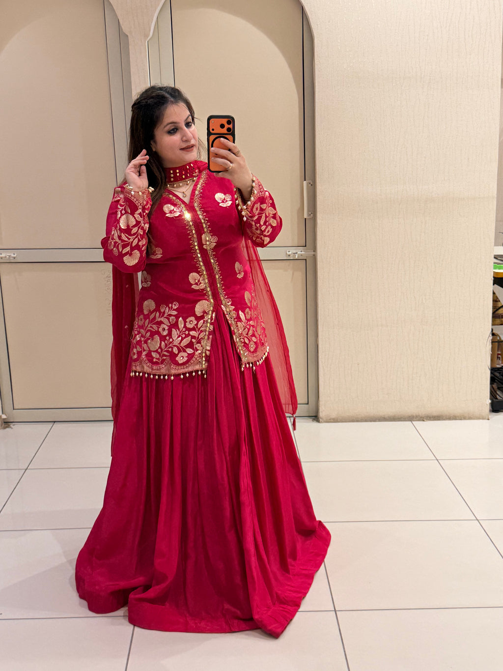 Red Crepe Embroidered Suit (M–XXL)