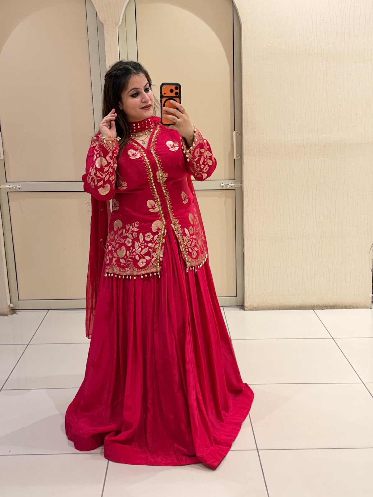 Red Crepe Embroidered Suit (M–XXL)