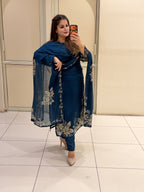 Navy Blue Chinon Embroidered Suit (M–XXL)