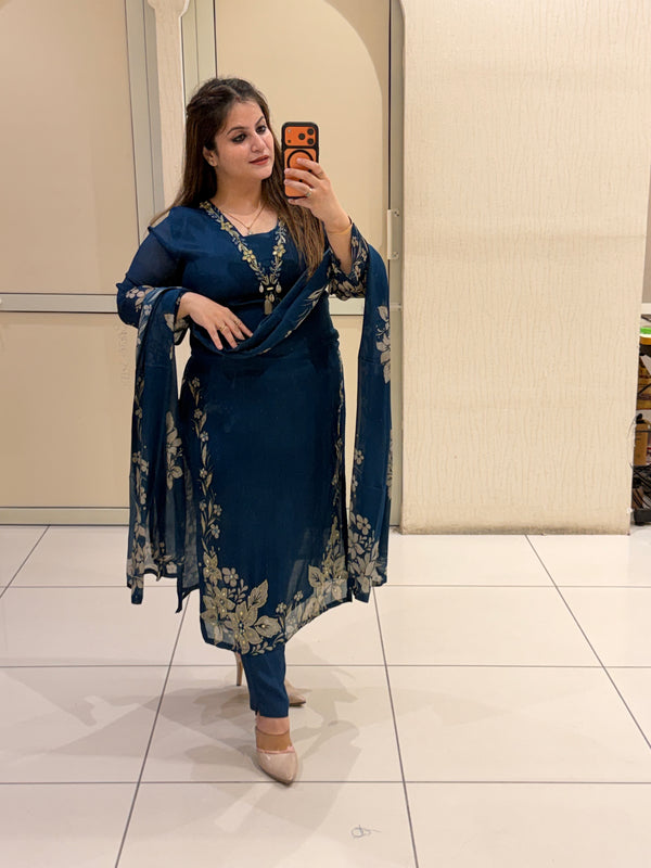 Navy Blue Chinon Embroidered Suit (M–XXL)