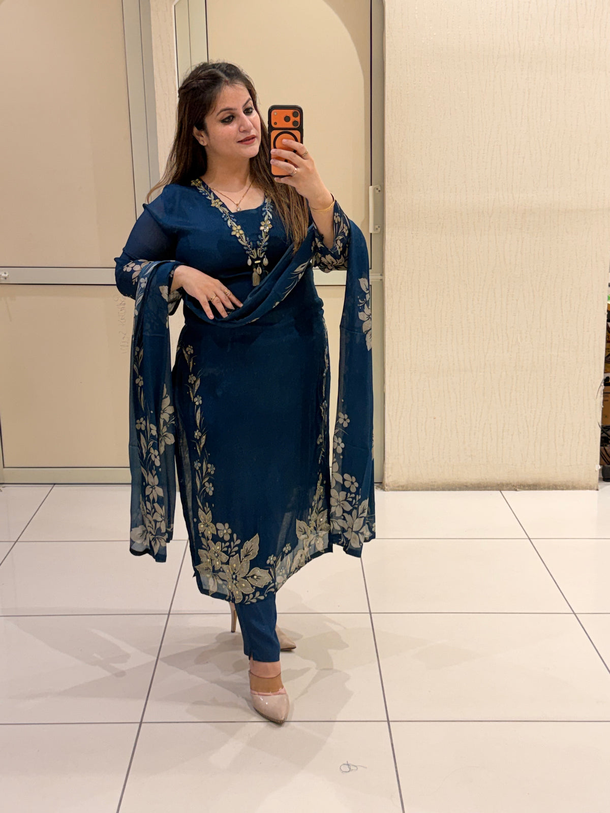 Navy Blue Chinon Embroidered Suit (M–XXL)