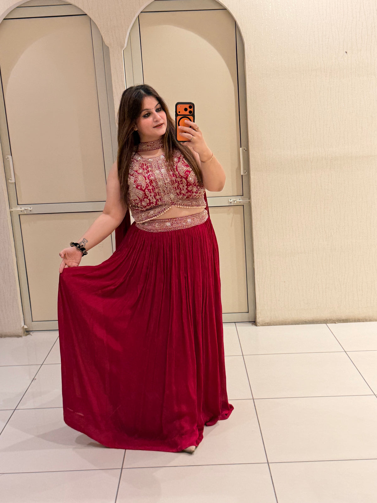 Red Pure Fabric Handwork Dress (Free Size till XL)