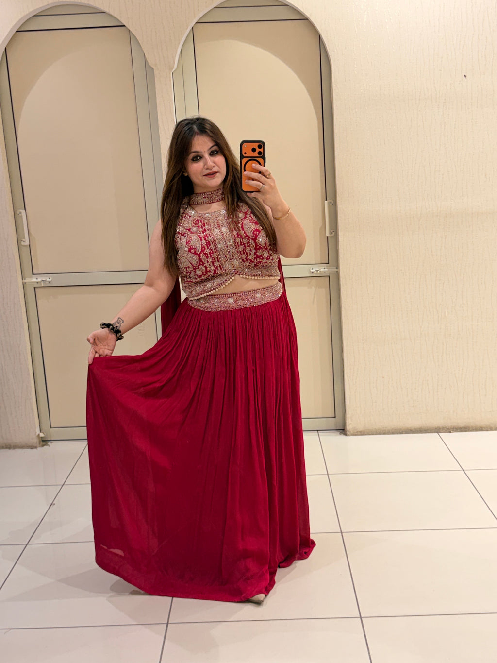 Red Pure Fabric Handwork Dress (Free Size till XL)
