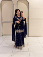 Navy Blue Chinon Embroidered Sharara Suit (M–XL)