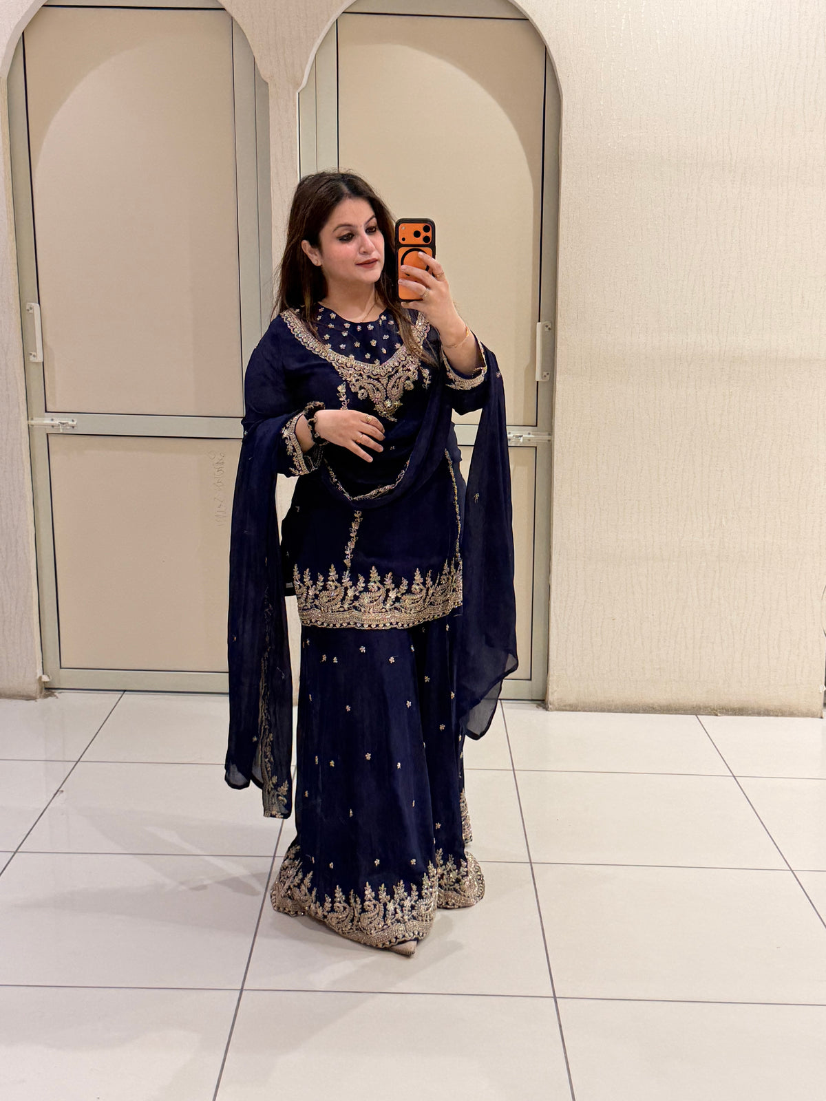 Navy Blue Chinon Embroidered Sharara Suit (M–XL)