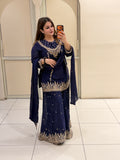 Navy Blue Chinon Embroidered Sharara Suit (M–XL)