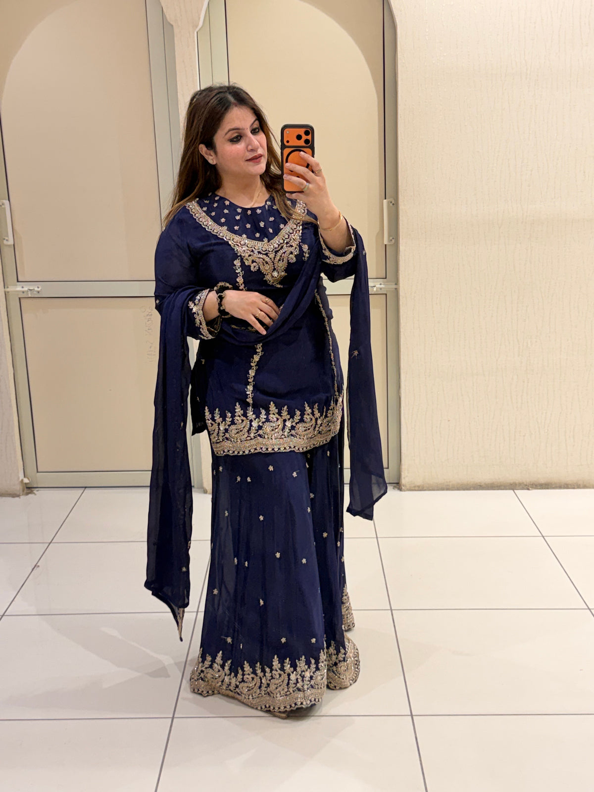 Navy Blue Chinon Embroidered Sharara Suit (M–XL)