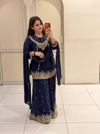 Navy Blue Chinon Embroidered Sharara Suit (M–XL)