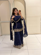 Navy Blue Chinon Embroidered Sharara Suit (M–XL)