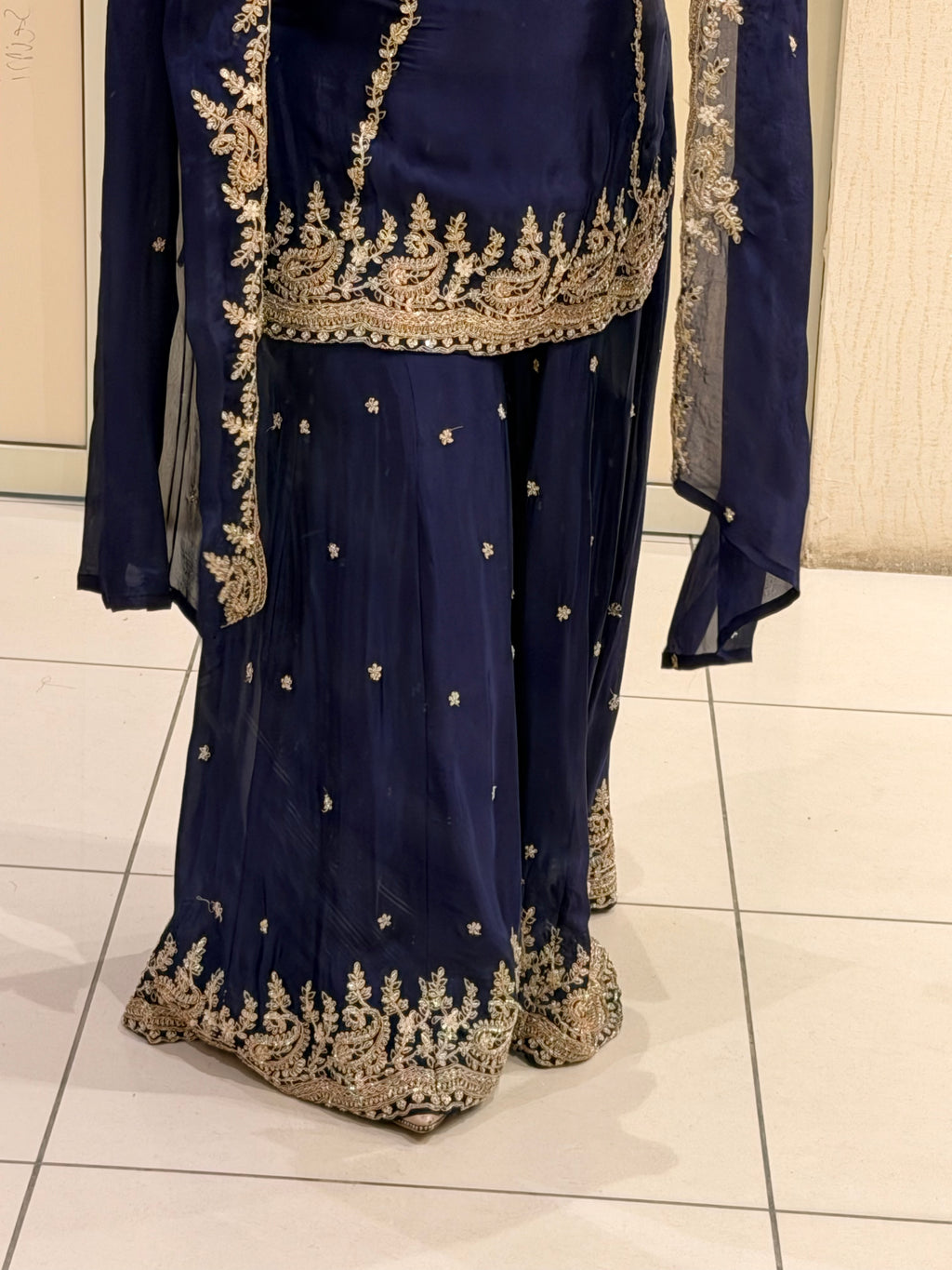 Navy Blue Chinon Embroidered Sharara Suit (M–XL)